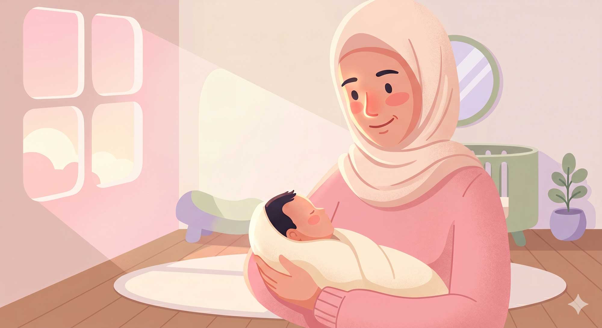 رسم: أم بحجاب تحمل مولوداً نائماً في حضانة مشرقة بسرير ونافذة