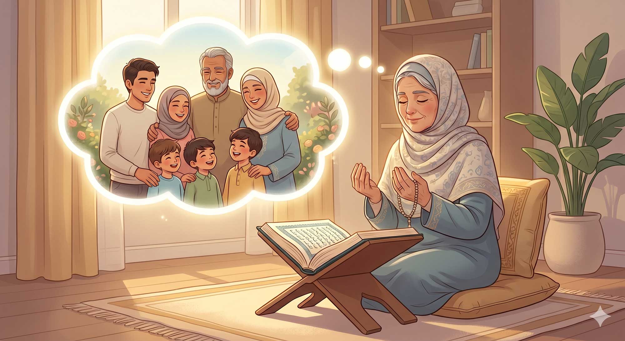 رسم: امرأة مسنّة تدعو مع مصحف على رحل، وفقاعة ذكرى فيها صورة عائلة
