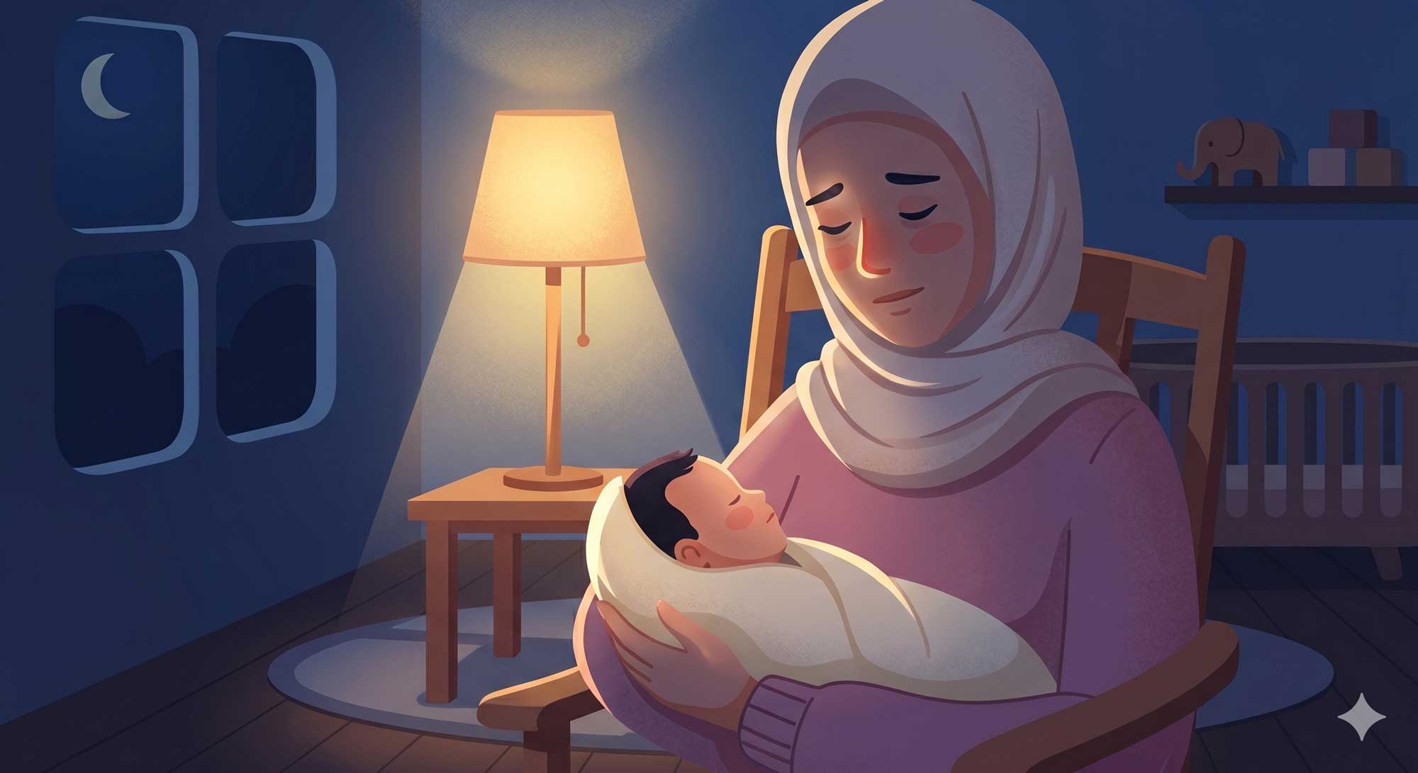 رسم: أم مع مولود على كرسي هزاز ليلاً وضوء مصباح دافئ وهلال في النافذة