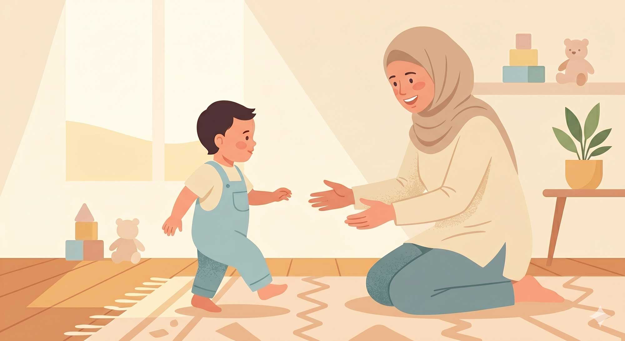 رسم: طفل يخطو نحو أم راكعة تمدّ له يديها في غرفة مشمسة