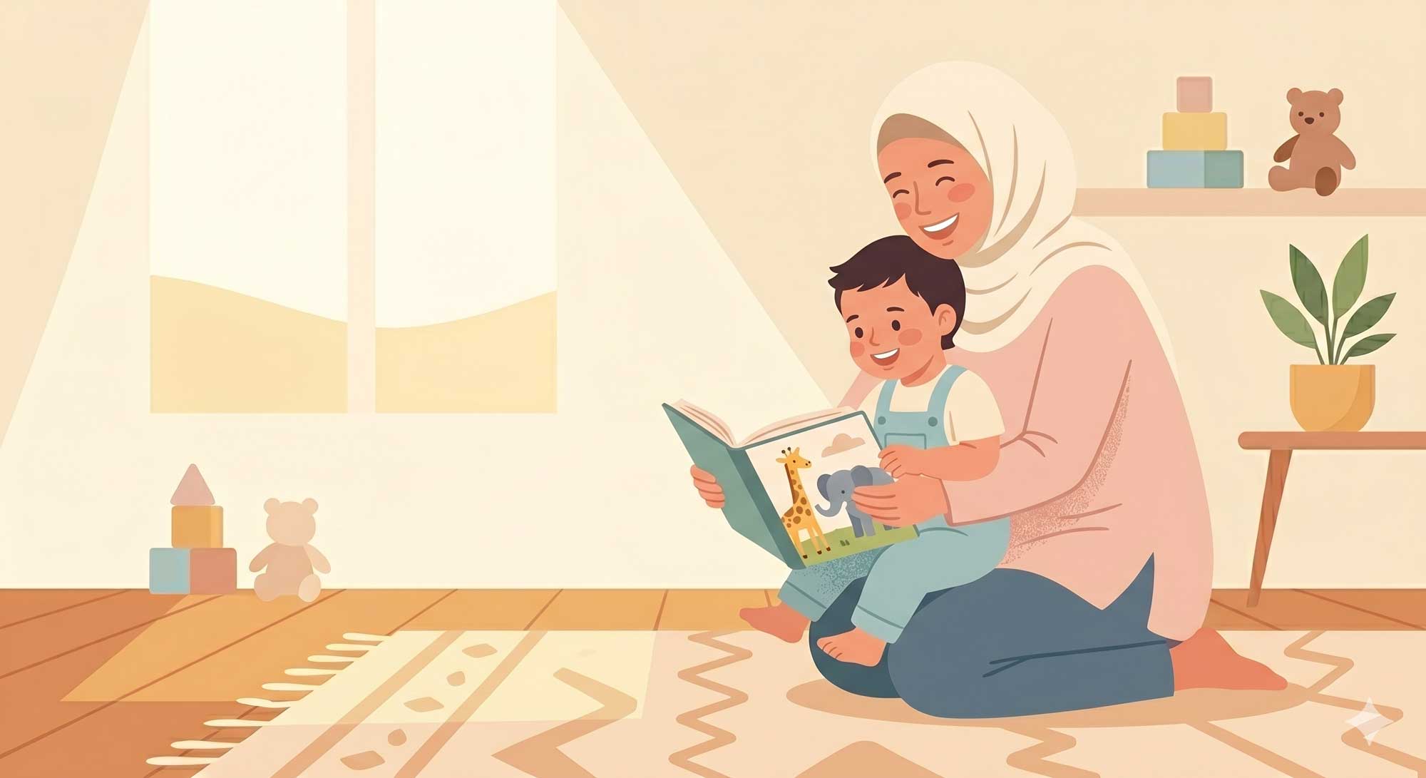 رسم: أم وطفل يقرآن كتاباً مصوّراً في غرفة دافئة