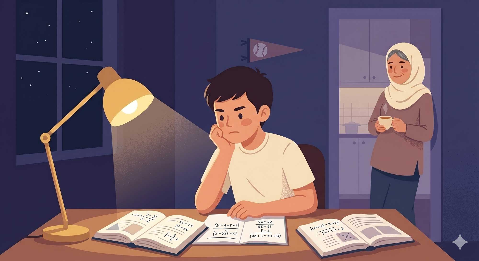 رسم: مراهق يذاكر ليلاً والأم في الباب تحمل مشروباً دافئاً
