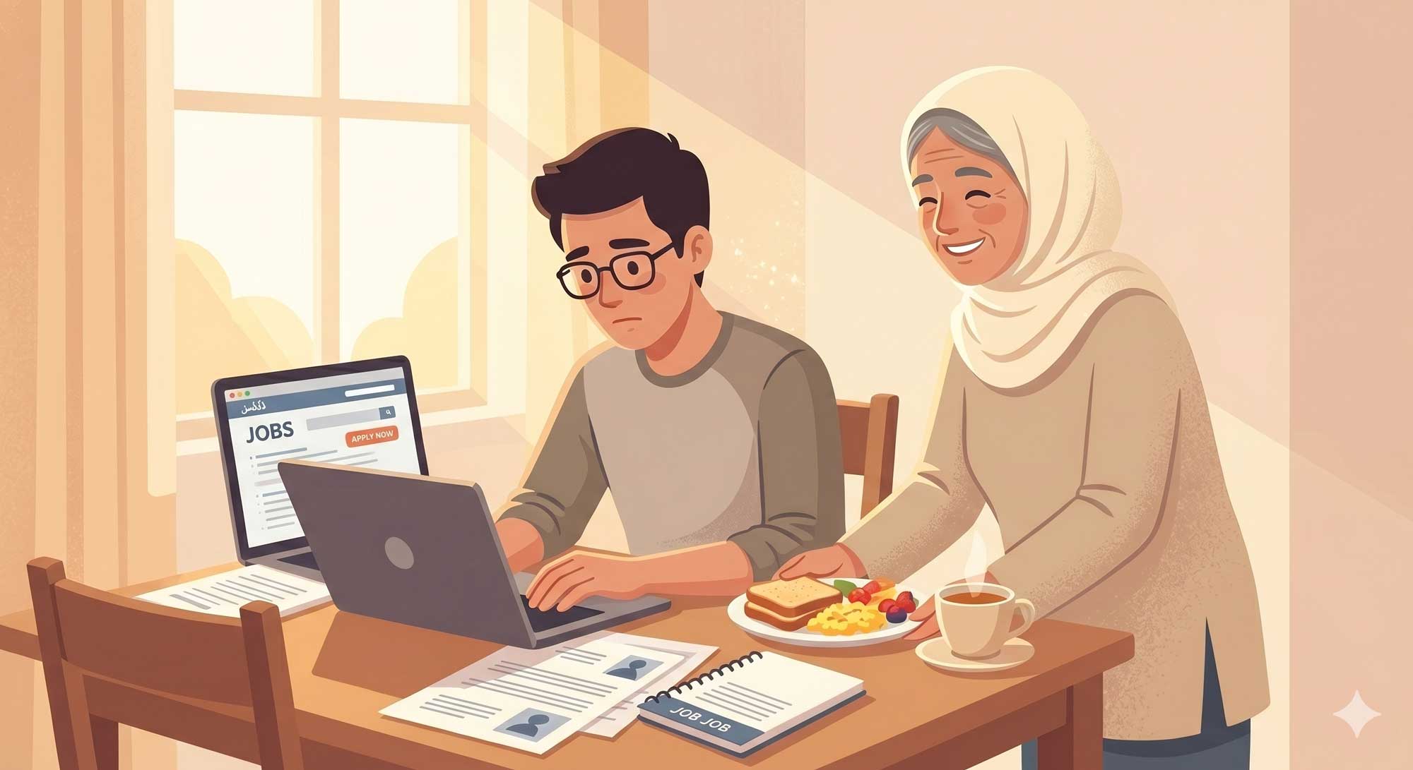 رسم: رجل أمام حاسوب محمول والأم تدخل بصحن طعام